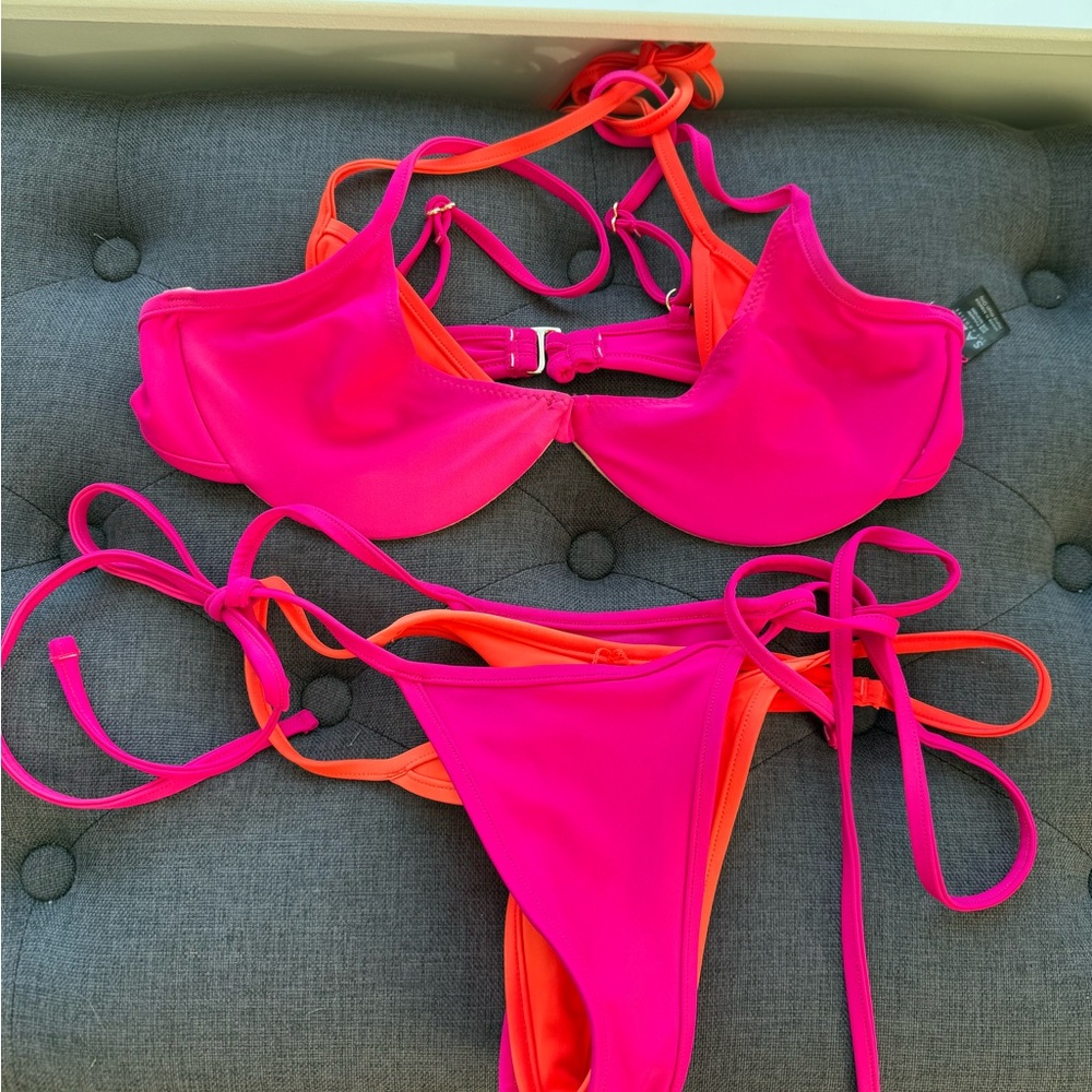 SAME Double Layer Vibrant Pink and Orange Bikini Set